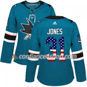 Adidas Maillot de Hockey San Jose Sharks Martin Jones 31 2017-2018 Teal USA Flag Fashion Authentic - Femme